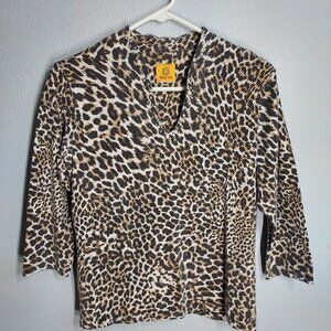 Ruby Rd Animal Print Top - 3/4 Sleeves - Gold Studded Neckline - Small